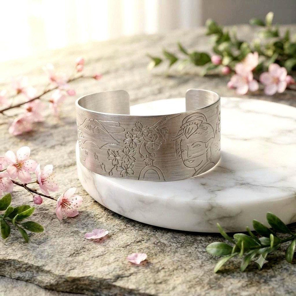 Vintage Japanese Geisha Cuff Bracelet, Etched Sakura Cherry Blossom 1940s